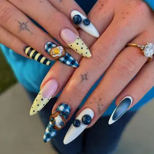 Quirky Breakfast Press on Nails with 3D Toast, Fried Egg & Blueberry | 3D Fake Nails in Stiletto | Picnic Gingham Handmade Nail Art