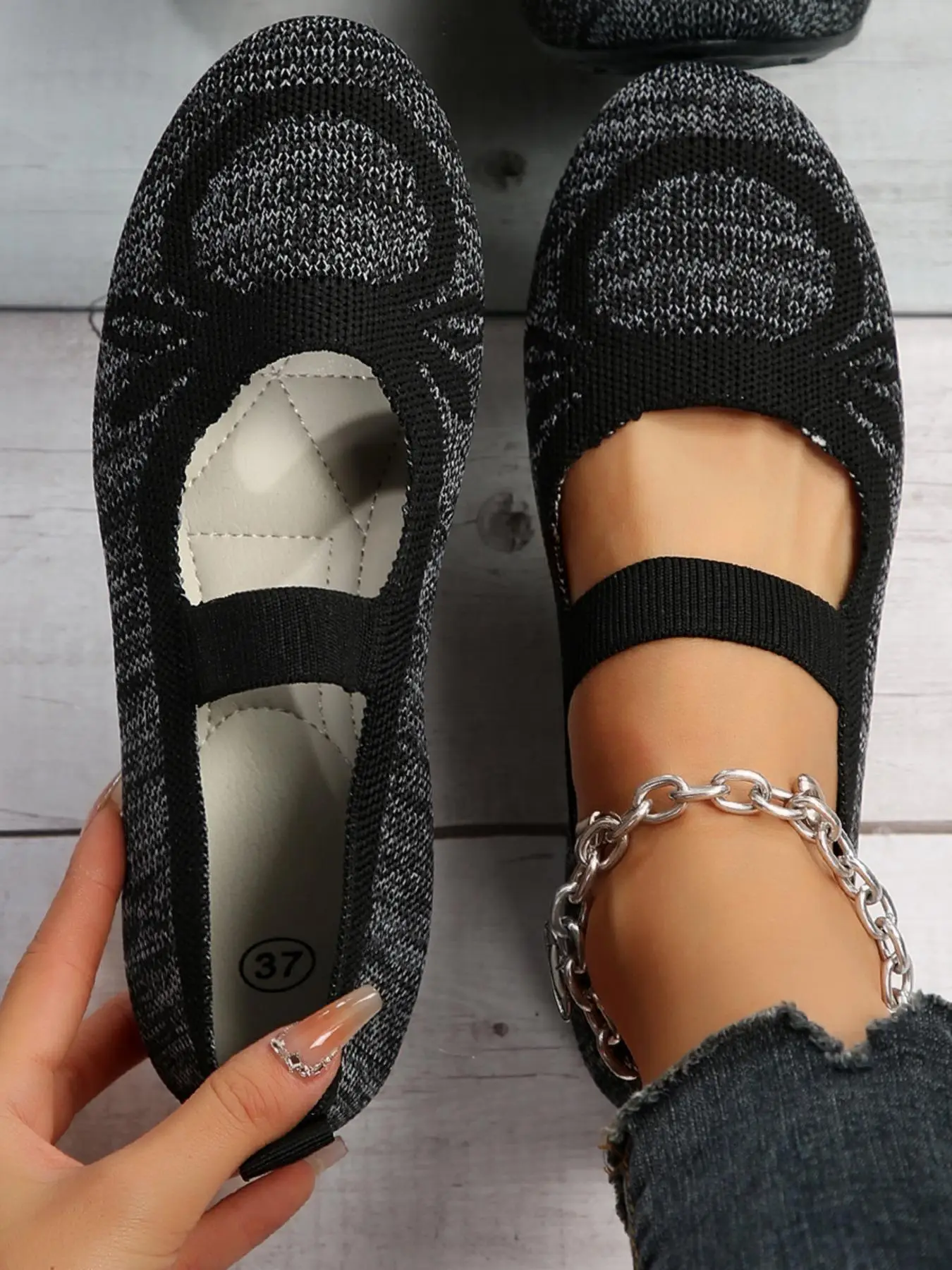 Women's Fashionable Gingham Pattern Knitted Flat Shoes, Comfortable Hollow out Non-slip Elastic Wide Band Design Flat Shoes, Casual Outdoor Shoes for