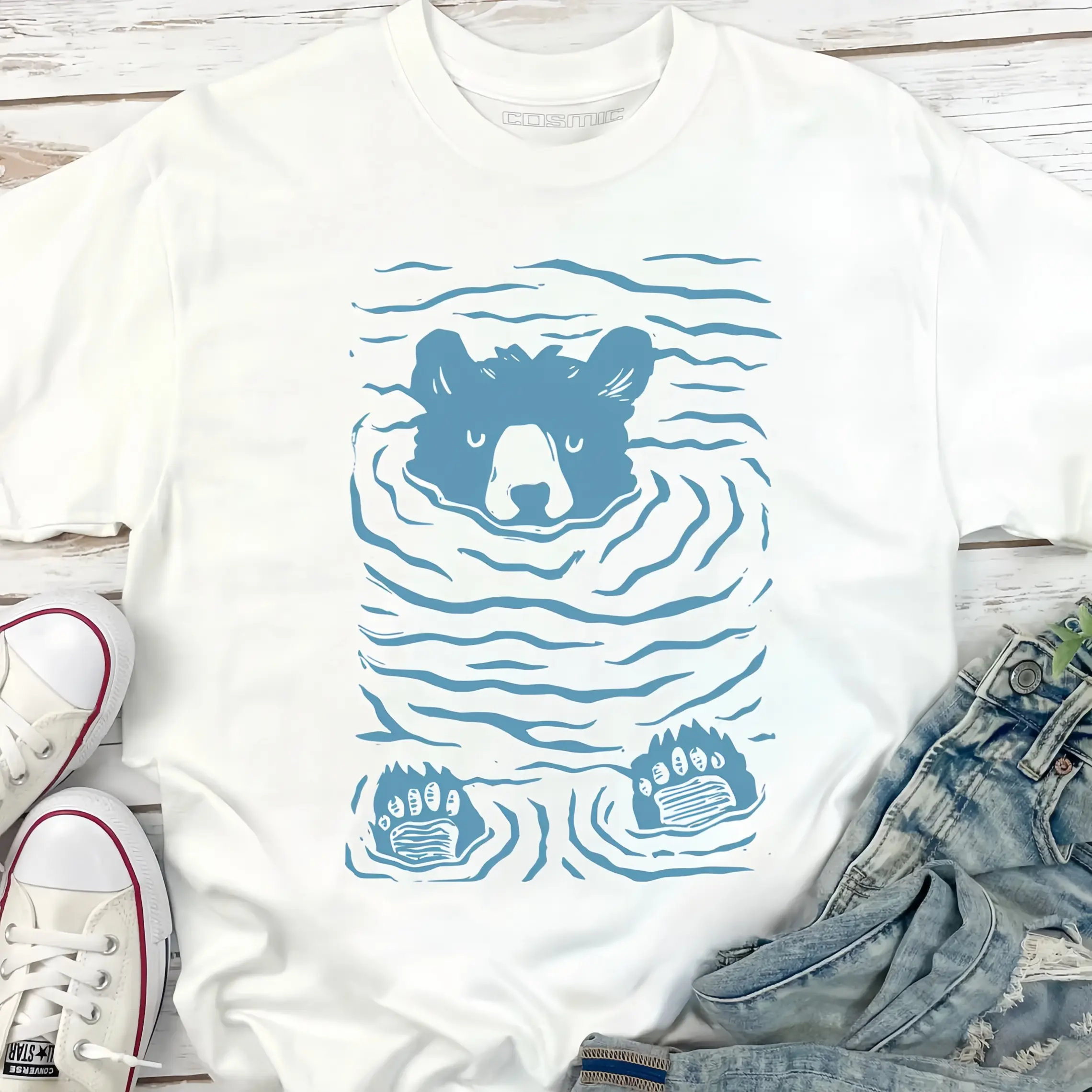 Minimalist Linocut Bear Graphic Tee - Pastel Nature Art