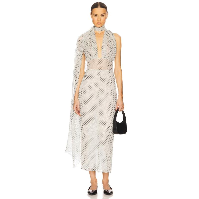 Helsa The Scarf Dress in Printed Silk Chiffon in Ivory & Black Dot