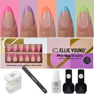 ELLIE YOUNG PRO-TIPS Short Almond Colorful Pastel French Tips, 160pc Press-On Nails Kit – 16 Sizes, Matte Gel Acrylic Look, Soft Gel DIY Extensions, Nail Art Diy