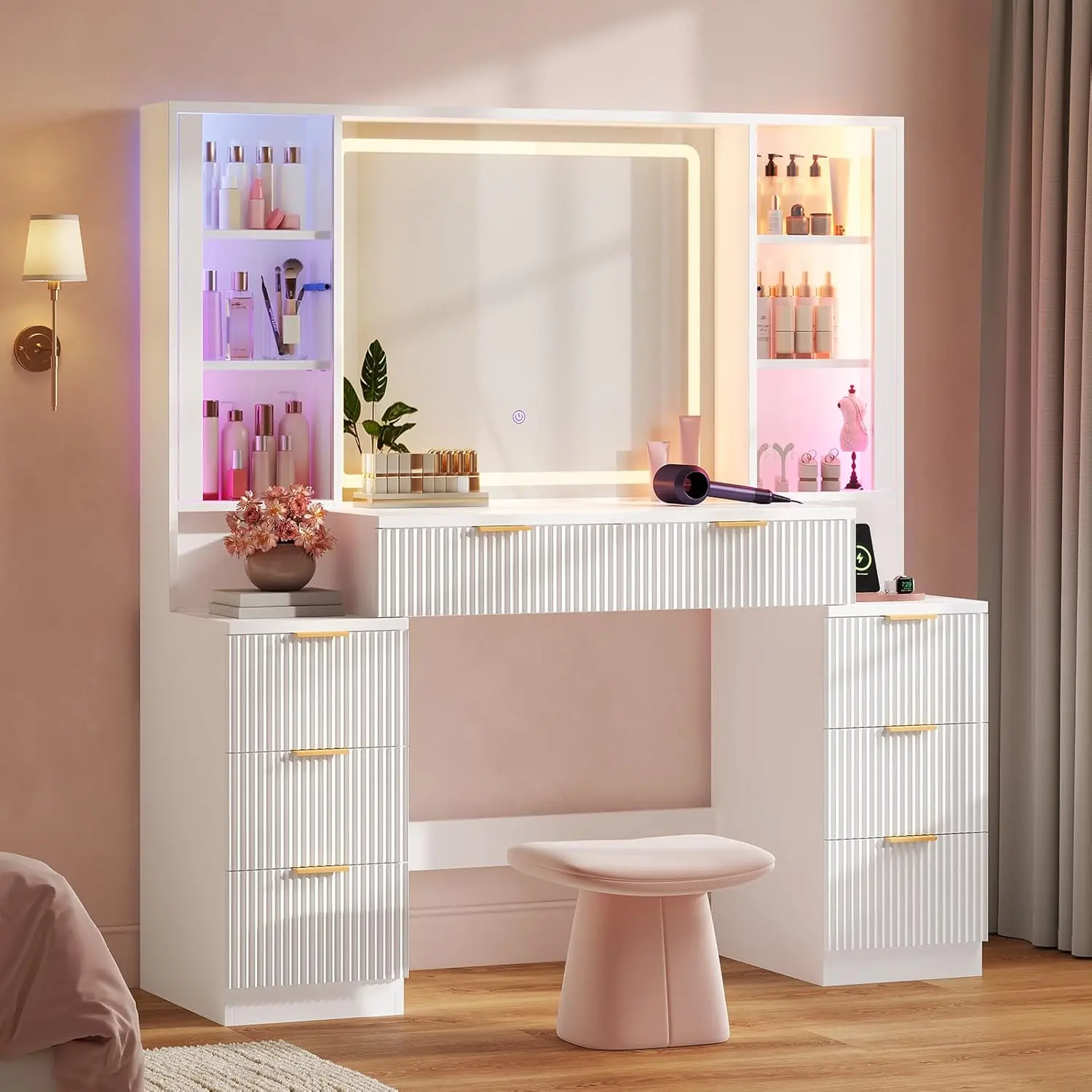 HAUOMS 51.2" Width Big Vanity, Fluted Wood Makeup Vanity Desk with Mirror and Sound Sync LED Lights, Large Vanity Dressing Table, 8 Drawers, Charging Station for Girls, Women