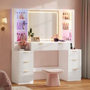HAUOMS 51.2" Width Big Vanity, Fluted Wood Makeup Vanity Desk with Mirror and Sound Sync LED Lights, Large Vanity Dressing Table, 8 Drawers, Charging Station for Girls, Women