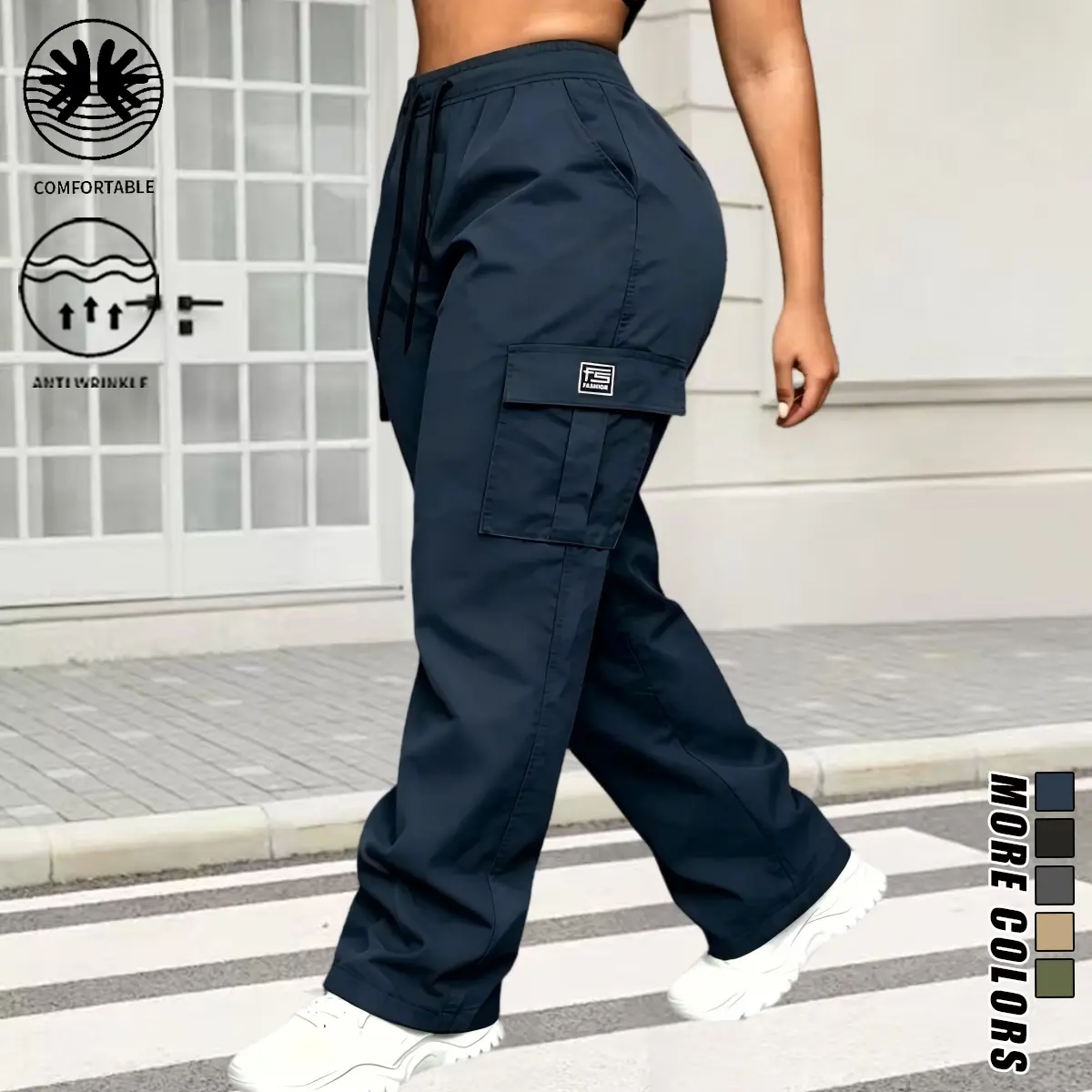 Women’s mid-rise wide-leg cargo pants, casual street-style baggy trousers with an adjustable drawstring waist and flap cargo pockets, wrinkle-resistant, soft, lightweight pants for daily errands, shopping, streetwear, travel, weekend hangouts, and casual