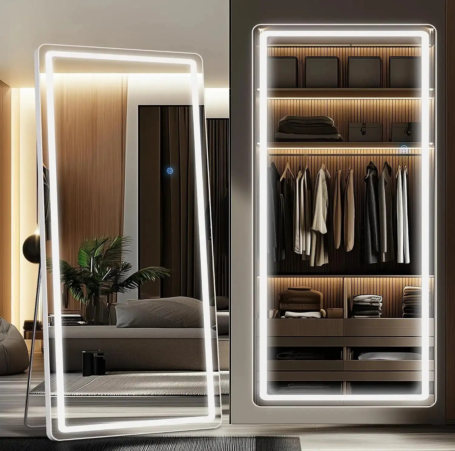 LED Full Length Mirror with Light, 76"x34" Lighted Full Body Mirror with Stand, Dimmable & 3 Color Lighting Standing/Leaning/Wall Mounted Vanity Mirror for Bedroom Cloakroom Livingroom(Rect)