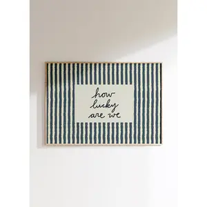 How Lucky Are We Print, Blue Striped Wall Art, Retro Typography Poster