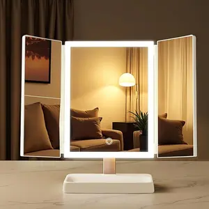 Vanity Mirror with Lights, Makeup Mirror with Magnification, Type-C Charging, 3-Color Stepless Dimming LED, Height Adjustable & Swivel, for Home, Travel, Gift