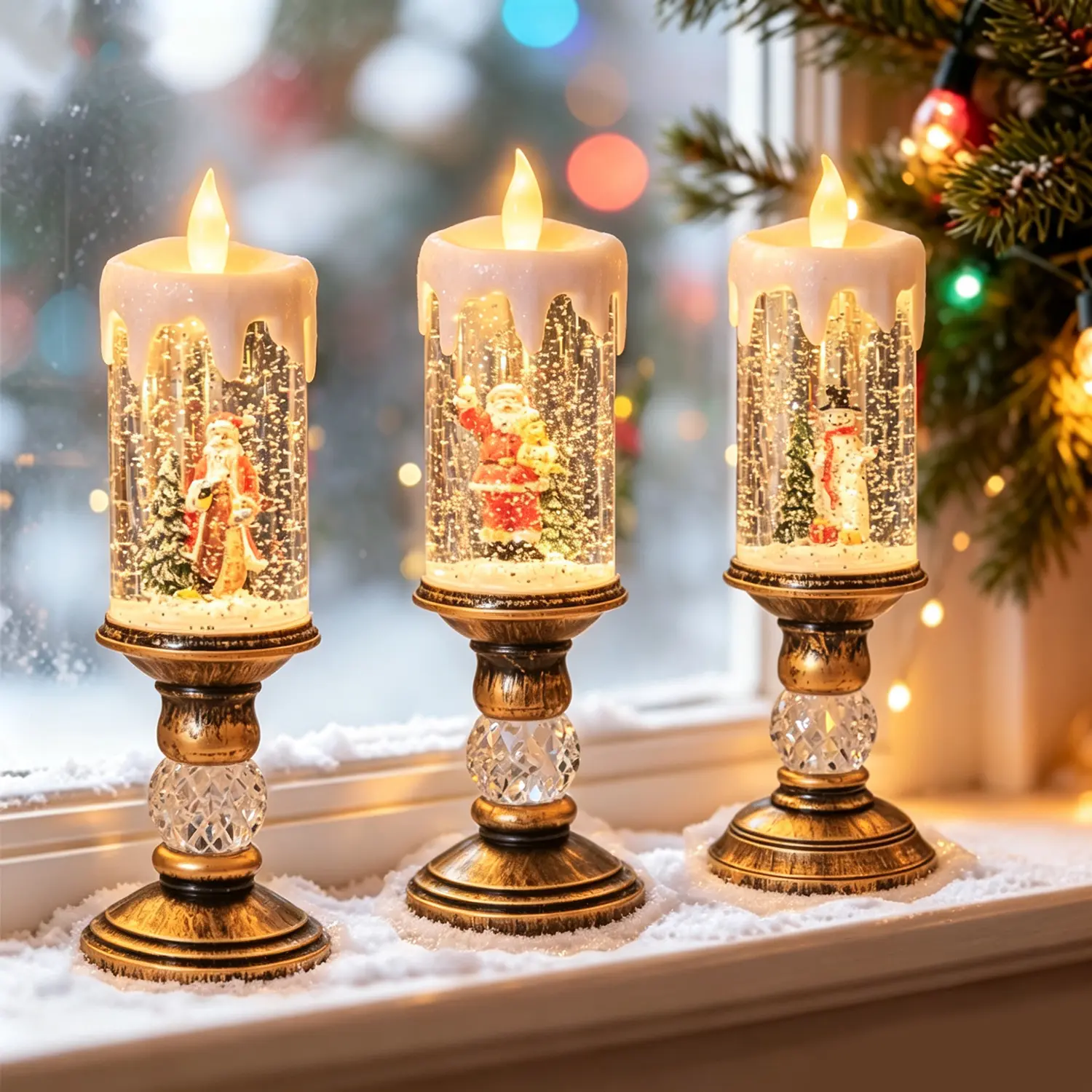 Automatic Snowing Santa Claus Christmas Snowman Candle Lamp Flameless Candle Lamp Come with 8 Songs Christmas Gift Christmas Decoration Indoor Scene Christmas Crystal Lamp Birthday Gift (Automatic Snowfall with Music)