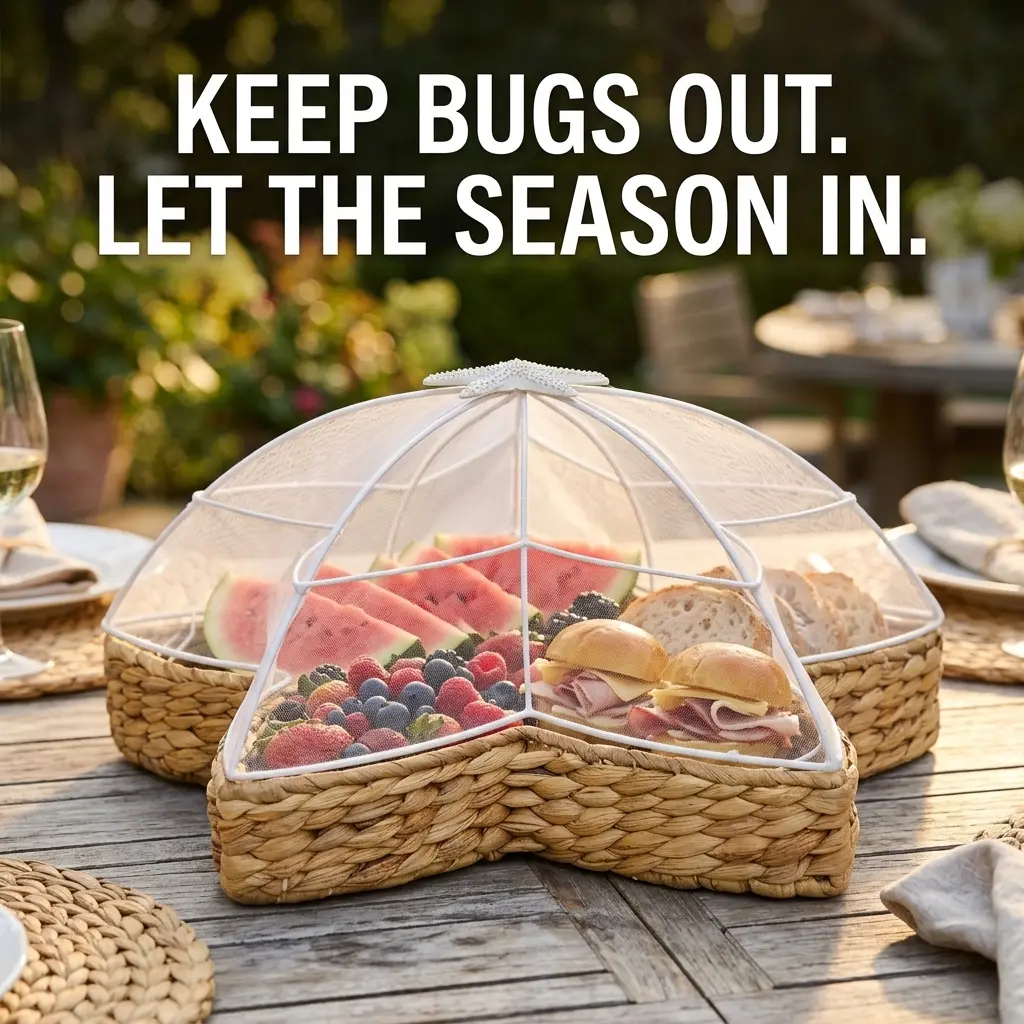 Bug-Proof Picnic Tray — Woven Seagrass Serving Tray with Mesh Dome Cover, Indoor Serving & Home Decor