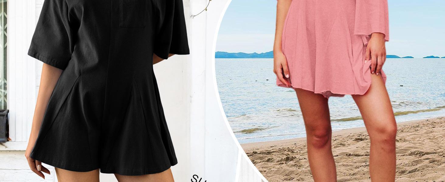 Imily Bela Rompers for Women Spring Outfits Summer Casual Short Sleeve Crew Neck Loose Jumpsuits with Pocket Summervibes