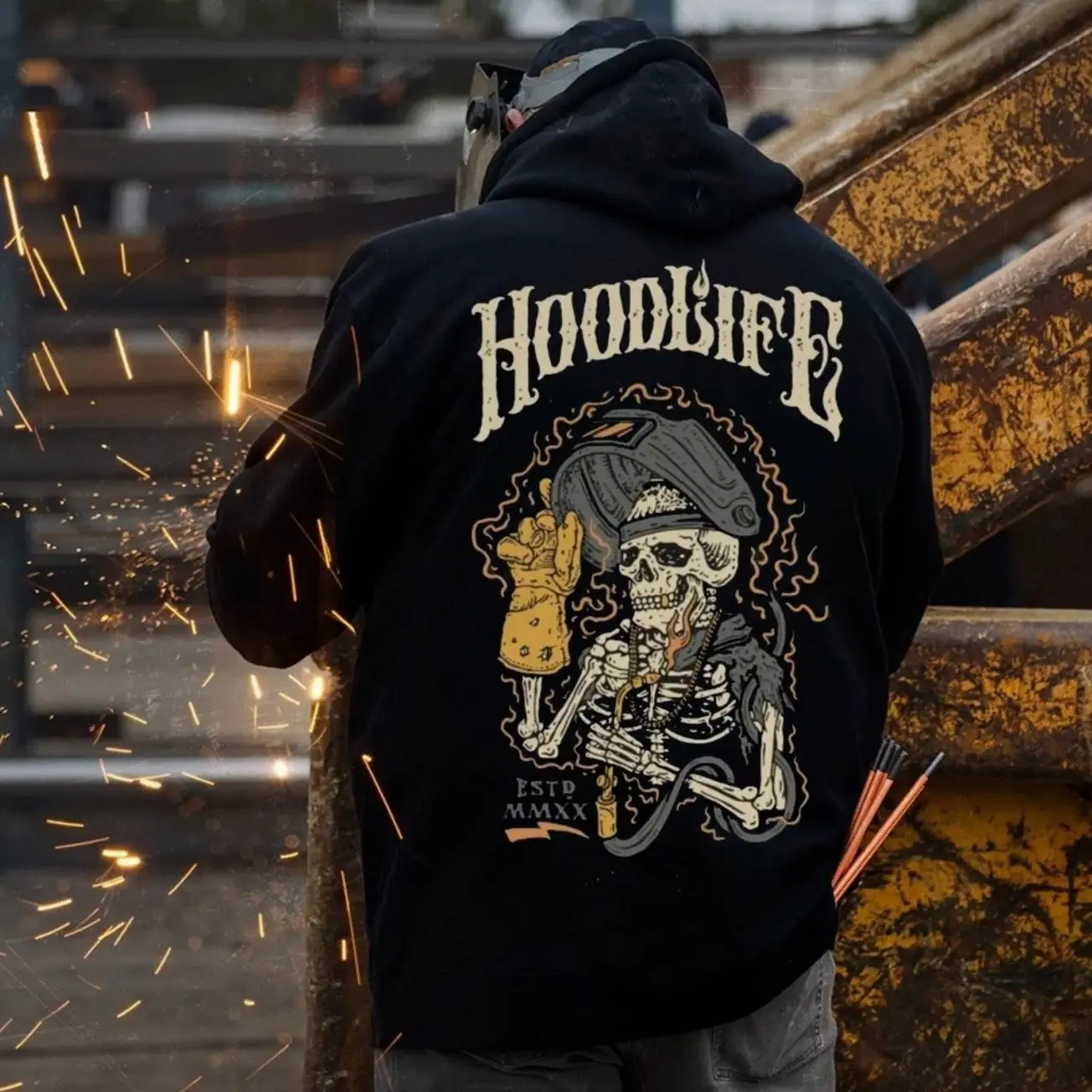 Hoodlife Skeleton Welder Hoodie Unisex, Welding Torch Skull Graphic, Blue Collar Tradesman Workwear Style, Industrial Metal Worker Gift for Men Women, Fall Winter Outfit, Made in USA