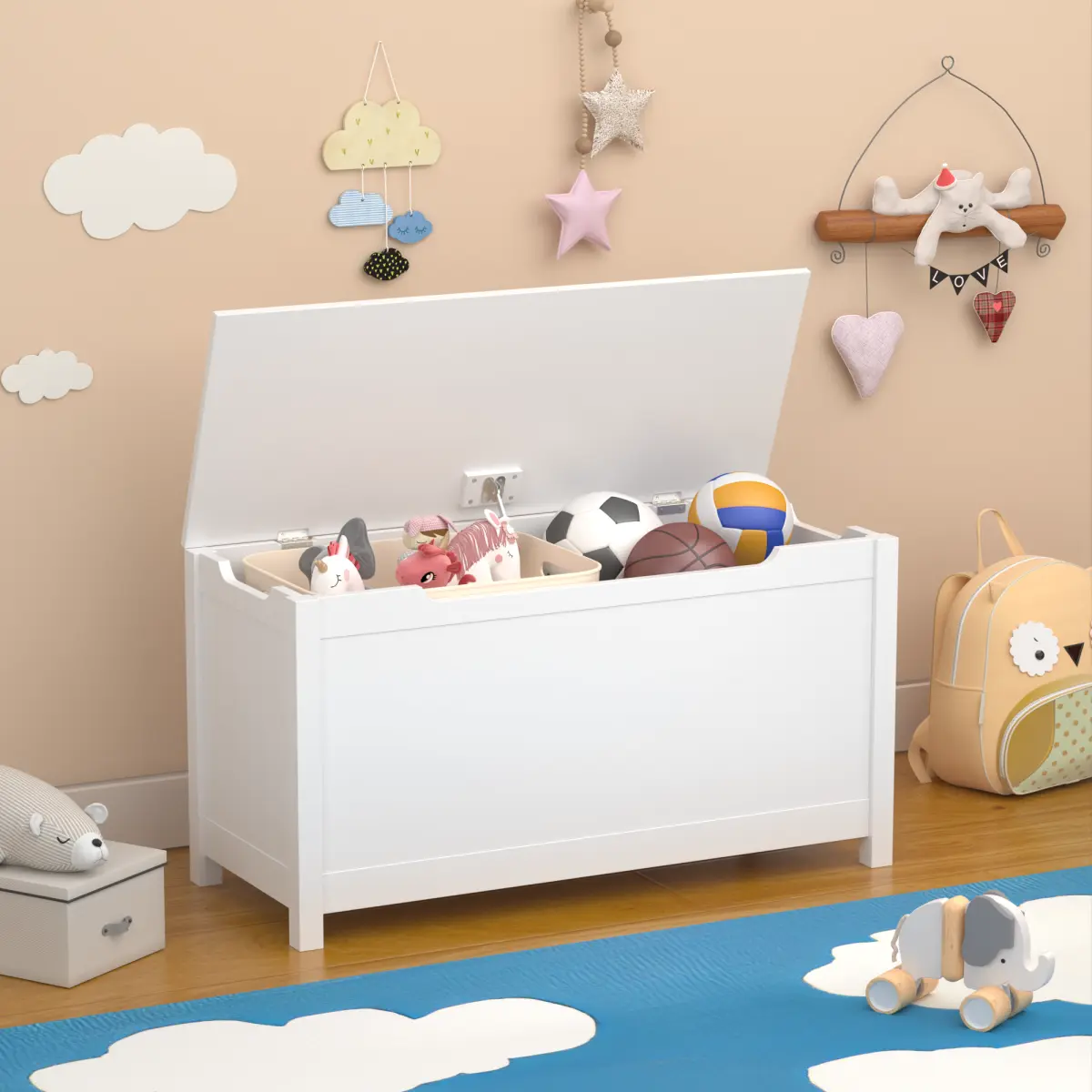Kids MDF Wood Toy Box Storage Cabinet with Safety Hinged Lid, Easy Access, Stable Base for Ages 2+ (White)