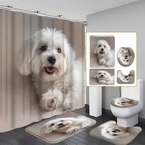 1/3/4PCS Maltese Dog Shower Curtain set, Adorable Canine Bathroom Decor, Accessories with Bath Mat, U-shaped Mat,Toilet Lid Cover, 12 Hooks 180x180cm Curtain, Pet Owner, Home Decor, bathroom accessories.