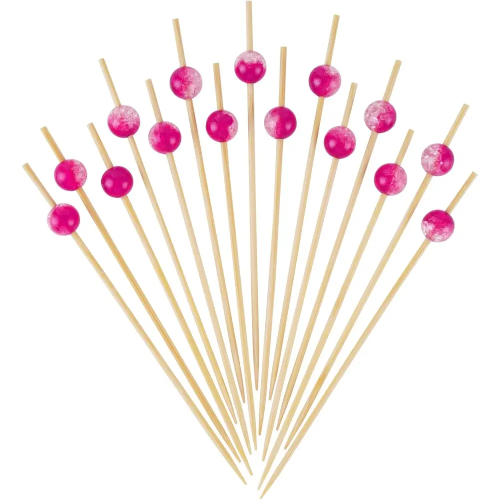 Fancy 4.7in Handmade Sturdy Gradient Fuchsia Pink Plastic Gradient Pearls Cocktail Picks, 0.4in Large Bead Bamboo-Accent Bar Utensils, Safe Material 3.5in Usable Long Stick Valentines Parties Appetizer Skewers (100 Counts), 4.7 Inches, 0.4 Inch Large Bead
