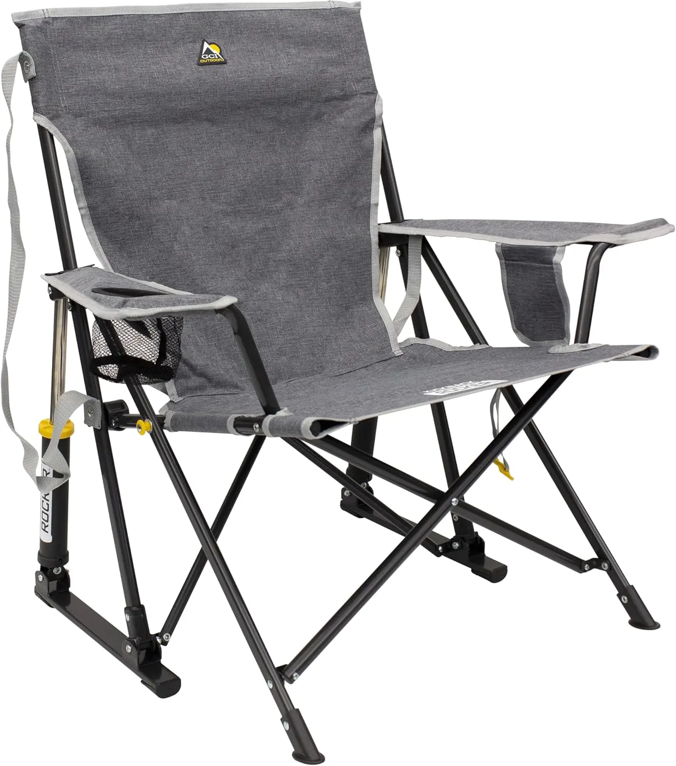 Foldable Outdoor Kickback Rocking Chair, Heavy Duty Alloy Steel Portable Camping Rocker Chair, Built-In Beverage Holder & Secure Phone Sleeve, Shock Absorbing Frame, Easy Carry Foldable Lawn Rock Chair for Camping, BBQ, Sports Games, Backyard Patio