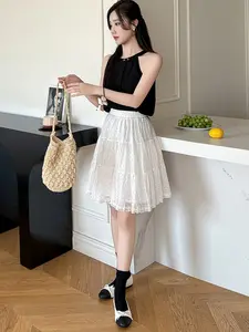 Summer New Design Polka Dot Ruffle Patchwork Pleated A-Line Cake Midi Skirt