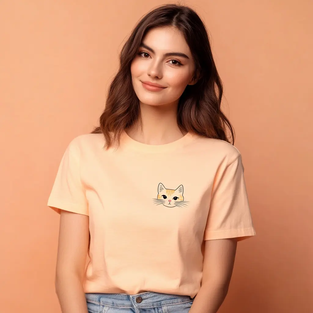 Pastel Peach T-Shirt with Cute Cat Embroidery - Perfect for Cat Lovers Casual Comfort Womenswear Top