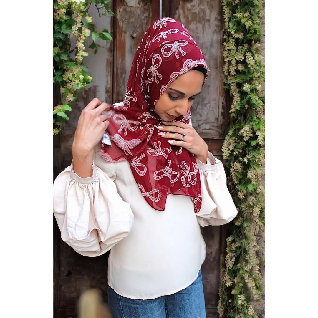 Burgundy Bows Chiffon Scarf - All Seasons Hand Selected Maroon Print with Delicate Bow Designs 75" Length Limited Edition