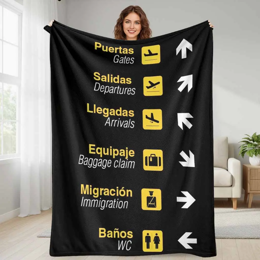 Cozy Printed Flannel Throw Blanket - 60x80in Large, Wrinkle Resistant, Anti-Pilling, Airport Signs & Spanish Travel Icon Print, Soft Warm Lightweight Breathable Durable Decorative Blankets, Camping Companion for Living Room Sofa Office, Cozy Throw Blanket