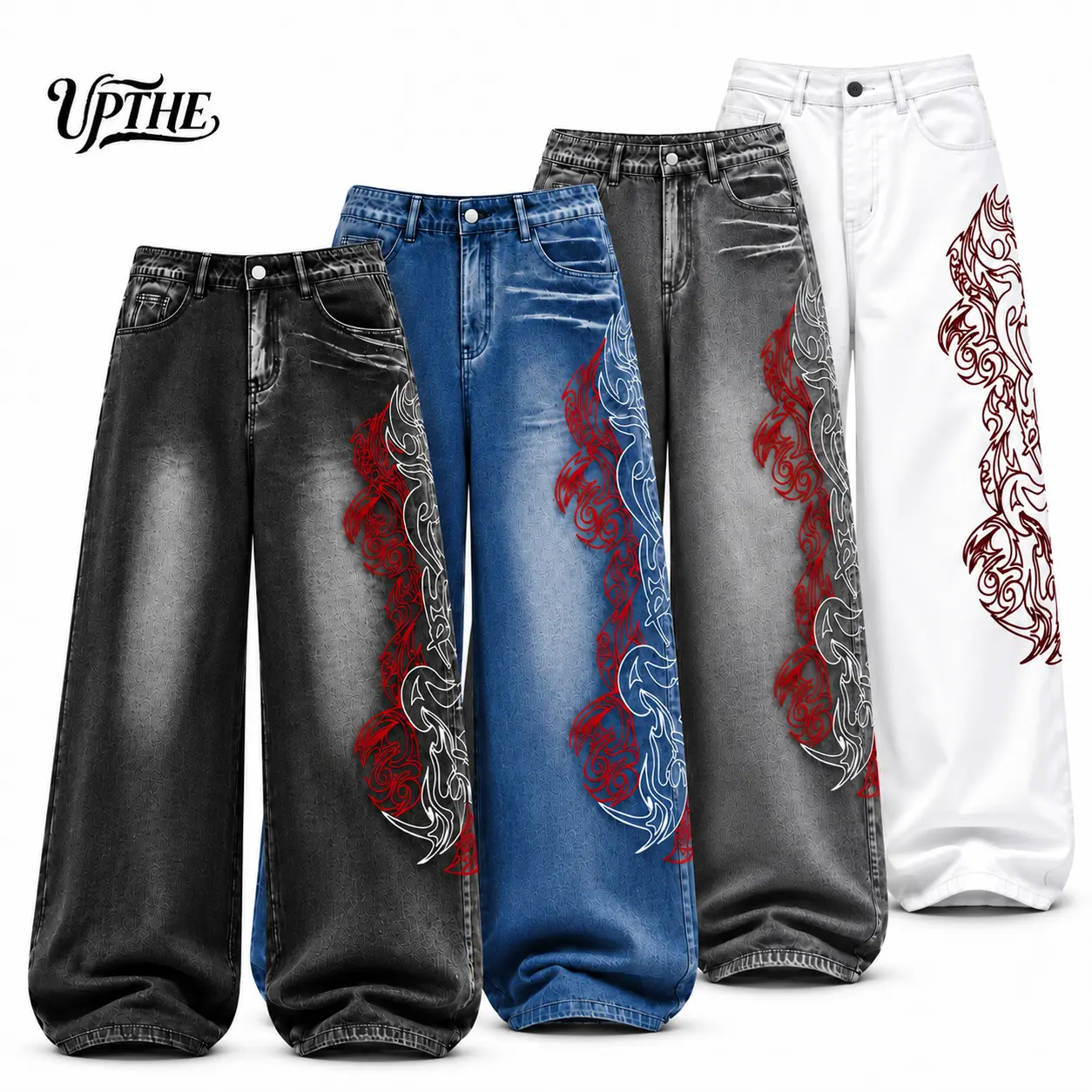 UP THE Men's Plain Baggy Denim Jeans - Dragon Graphic, Button-Front, High-Waisted, Wide Leg, Floor Length - Menswear for Daily Hangouts & Skateboarding, Baggy Jeans