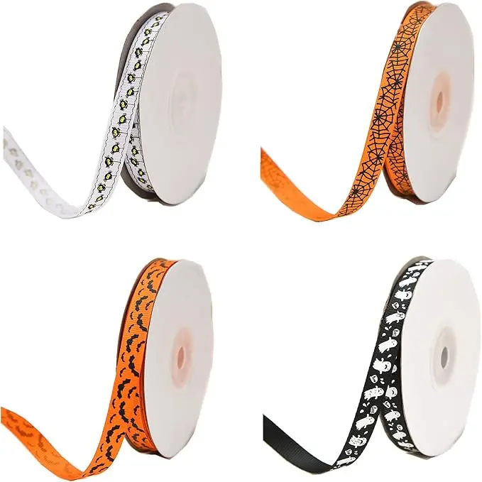 100 Yards Halloween Grosgrain Ribbons, Ghost Spider Bat Pumpkin Gift Wrapping Printing Ribbon, Halloween Party Supplies(38in inch Wide, 4 Styles x 25Yard)