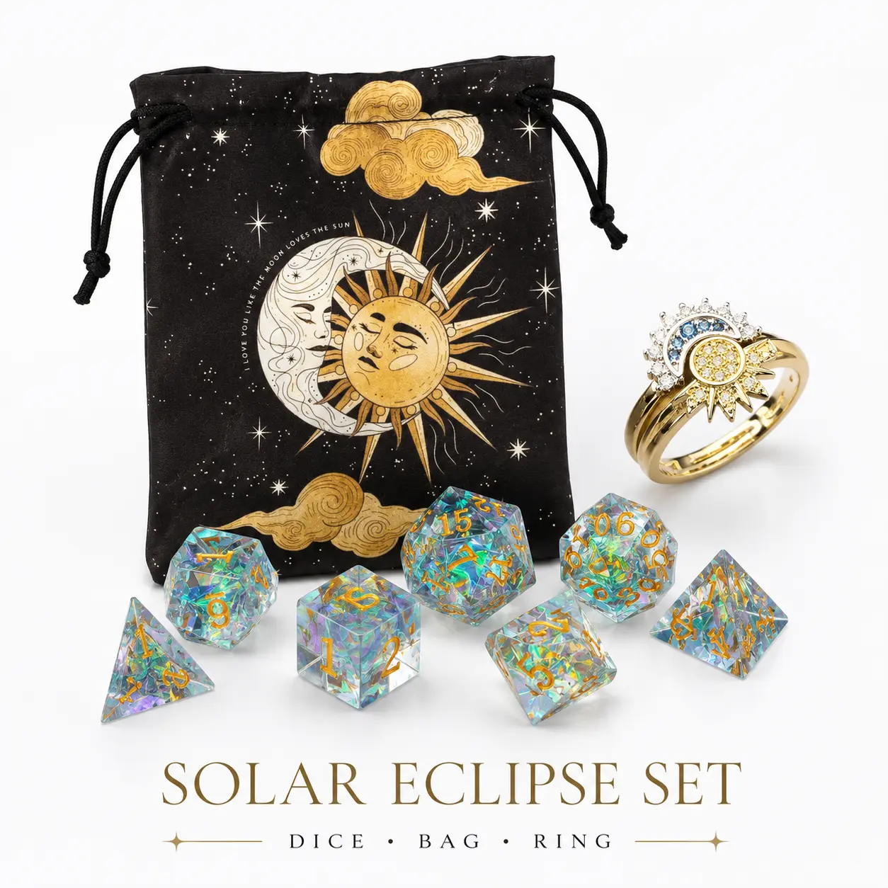Solar Eclipse 7PCS DND Dice Set with Celestial Drawstring Bag & Sun Moon Ring, Iridescent Polyhedral RPG Dice for Tabletop Games, Collectible Gift