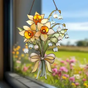 Daffodil Lily of the Valley Stained Glass Suncatcher, Spring Floral Bouquet Window Hanging Decor Gift