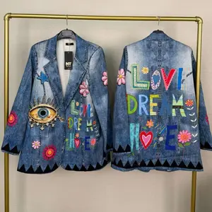 Amanda One Size Italian Denim Pop Art Patchwork Blazer Oversized Silhouette with Graffiti Style Print & Colorful Patches