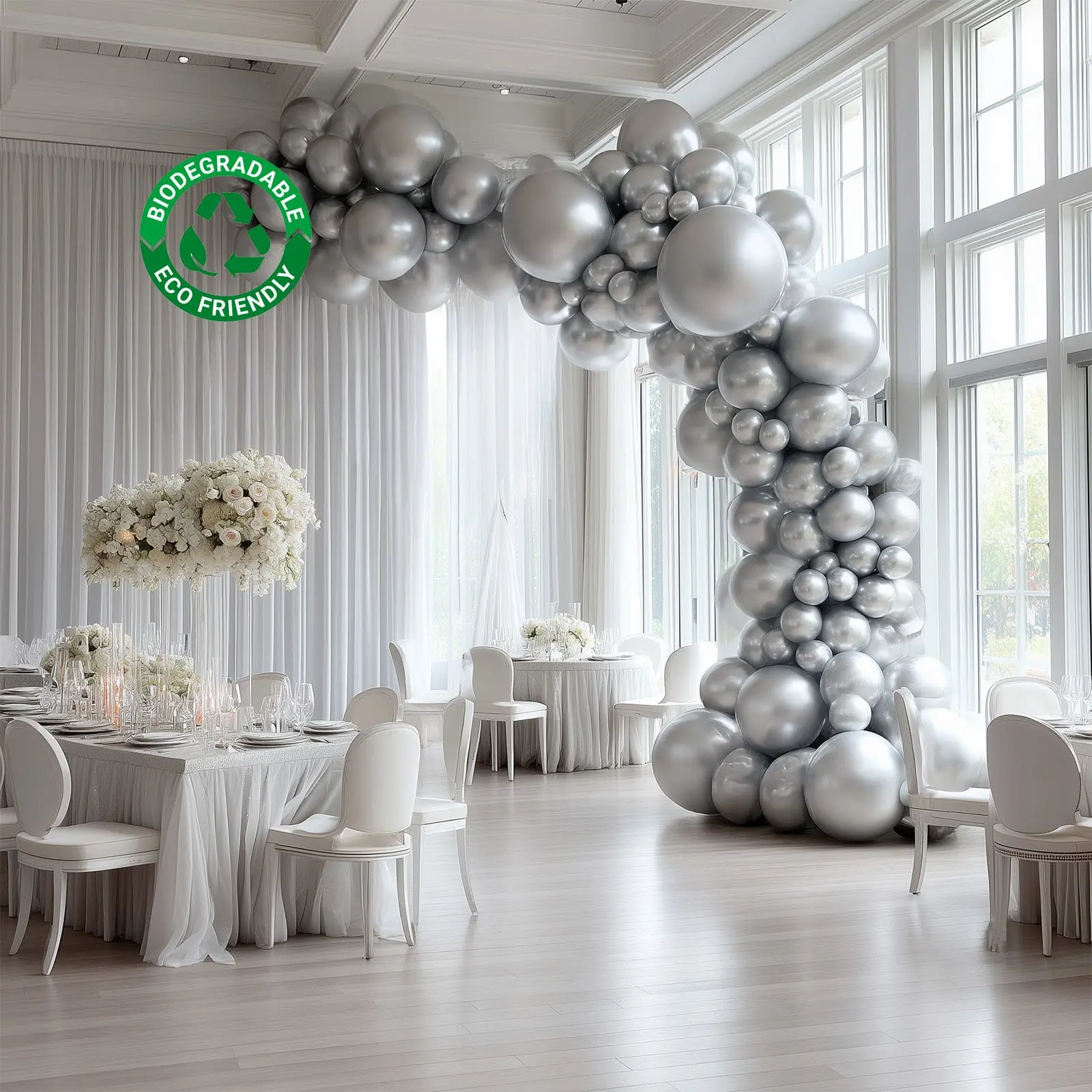 110-Piece Silver Biodegradable Extra-Strong Latex Rubber Balloon Garland Kit - Party Decor Supplies for Baby Shower Arch Backdrop, Blow Up Balloons with Ceiling Hanger, Balloon Arch
