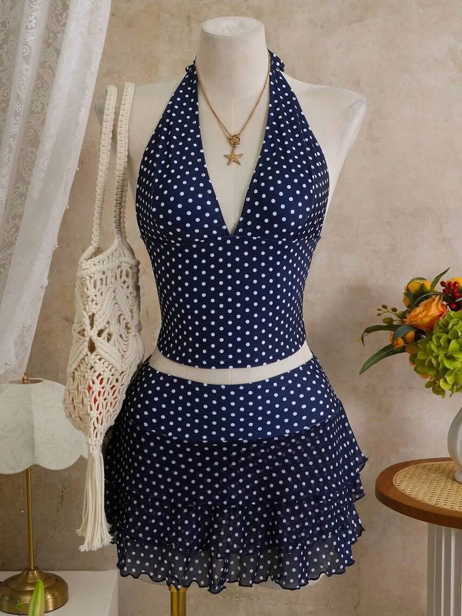 Bellisia Navy Blue & White Polka Dot 3-Piece Swimsuit Set | Plunging Halter Tankini Top & Tiered Mesh Ruffle Skirt | Retro Tummy Control Bathing Suit