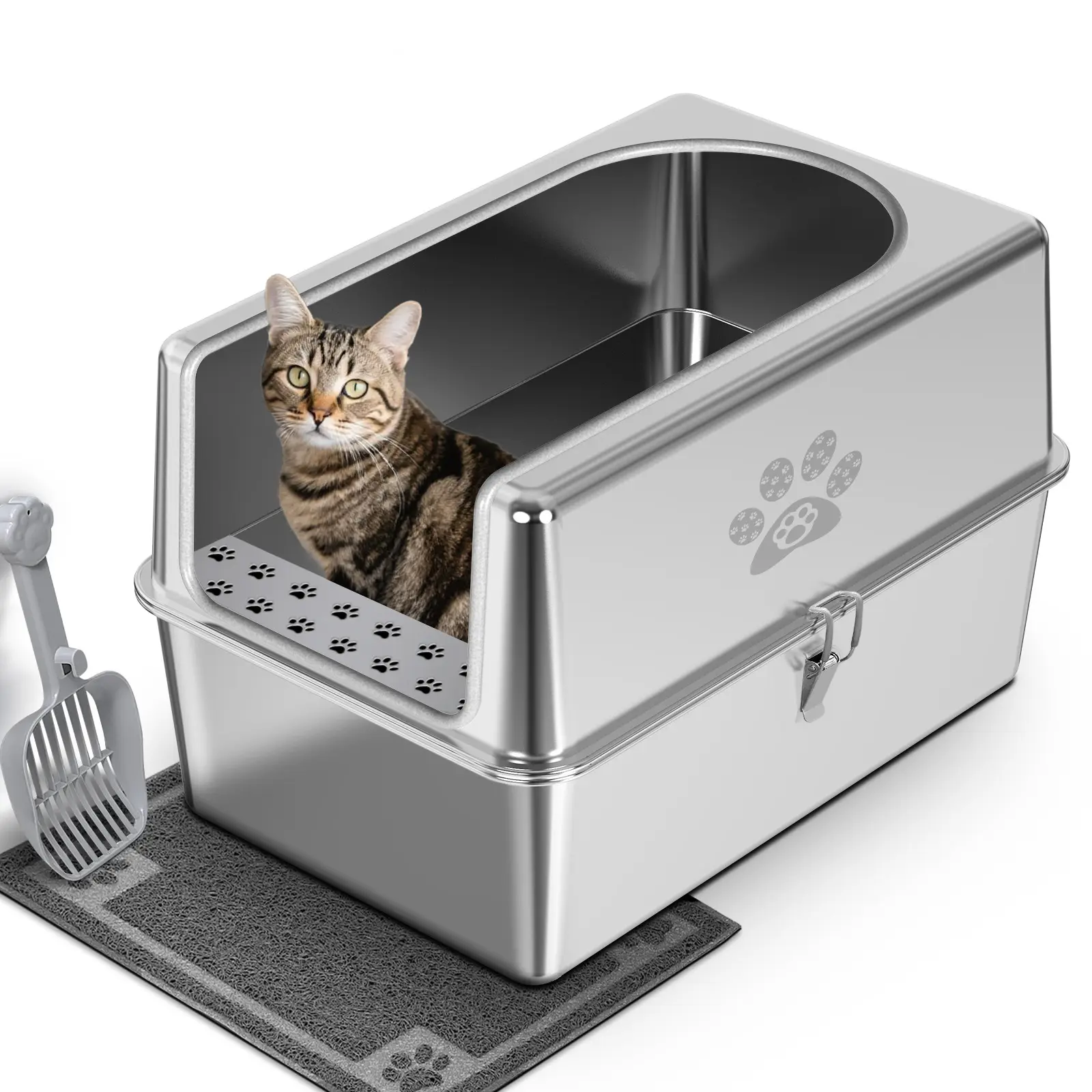 PTLOM Enclosed Stainless Steel Cat Litter Box with Lid, for Big Cats with High Side, Non-Stick, Anti-Leakage, Odorless, with Mat & Litter Scoop