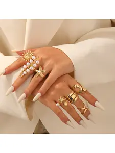 European and American Cross-Border Jewelry Ocean Vacation Style Starfish Shell Ring Fashion Rings Personalized Pearl Inlaid Branch-Shaped Ring Set Pearl Embellished