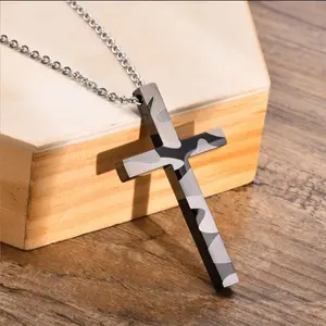 316L Stainless Steel Army Camouflage Cross Pendant Necklace - 24" (Wide, Thin) FAST SHIPPING!