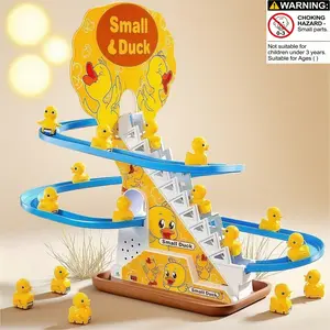 Kids Duck Climbing Stairs Electric Roller Coaster Track with Lights Music, Early Education Duck Shaped Toy Gift for Boys Girls, Crawling Swinging Ducks