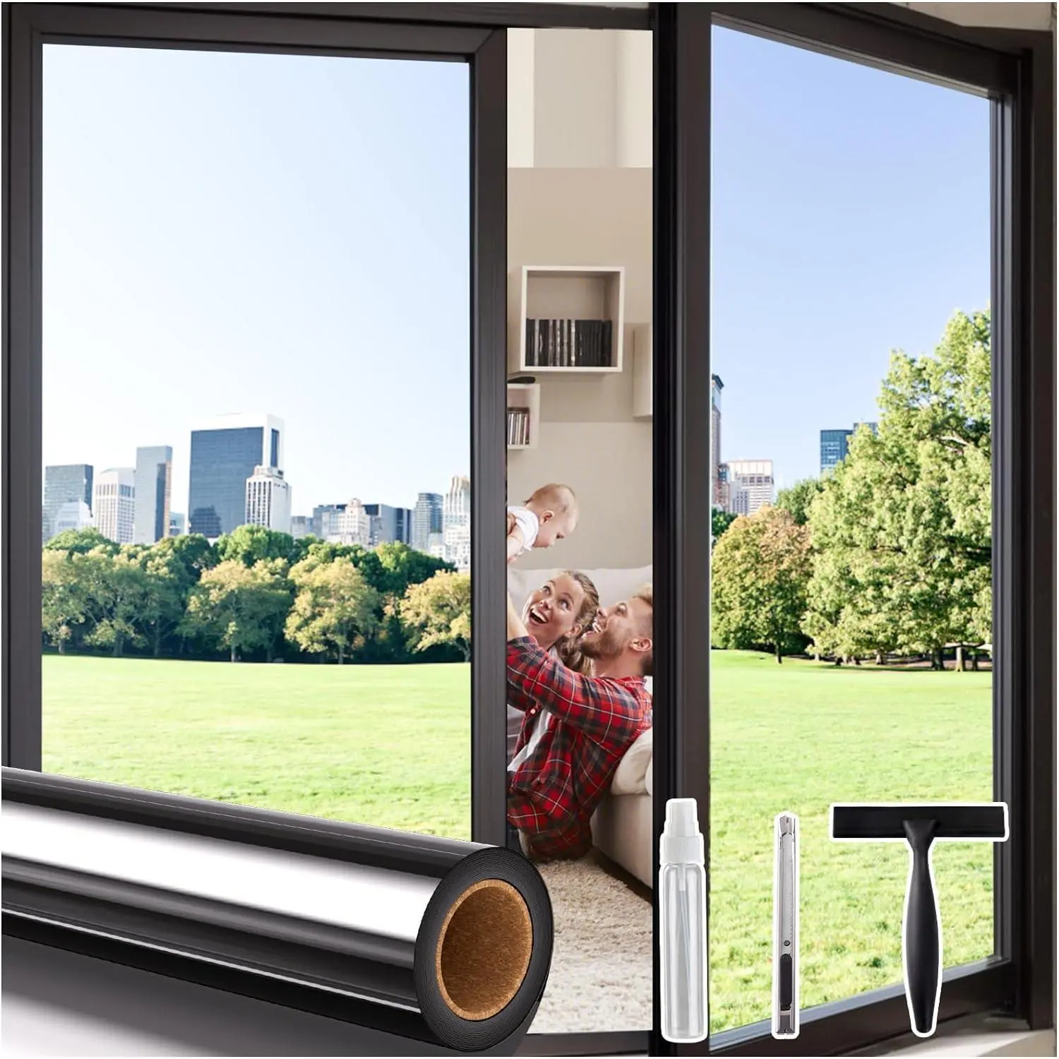 Privacy Window Film One Way, Reflective Mirror Heat Blocking Daytime Privacy Window Tint for Home See Out Not in Window Security Clings Clear Self-Adhesive Door Cover with 3 Tools