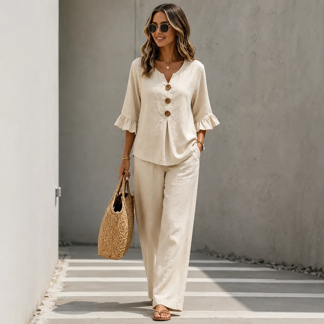 Women’s Light Blue 2 Piece Pants Set, Button V Neck Ruffle Sleeve Top & Loose Wide Leg Trousers for Summer Travel, Vacation & Casual Wear Clothes Womenswear
