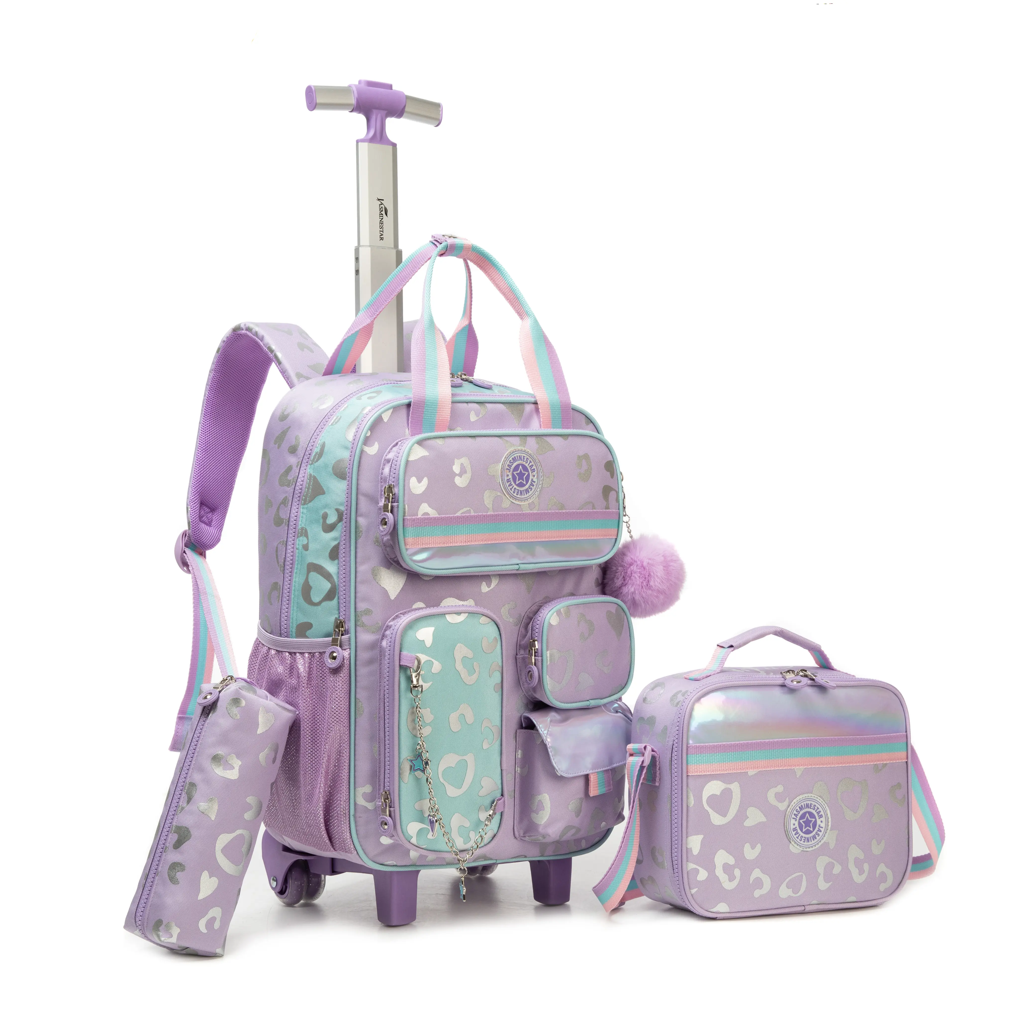 3-Piece Girls Lavender Purple Rolling Backpack Set | Cute Metallic Leopard Heart Schoolbag with Multi-Pocket Utility Pouches, Purple Pom Pom, Insulated Lunch Bag & Pencil Case | Pastel Wheeled Trolley Bookbag for Middle School
