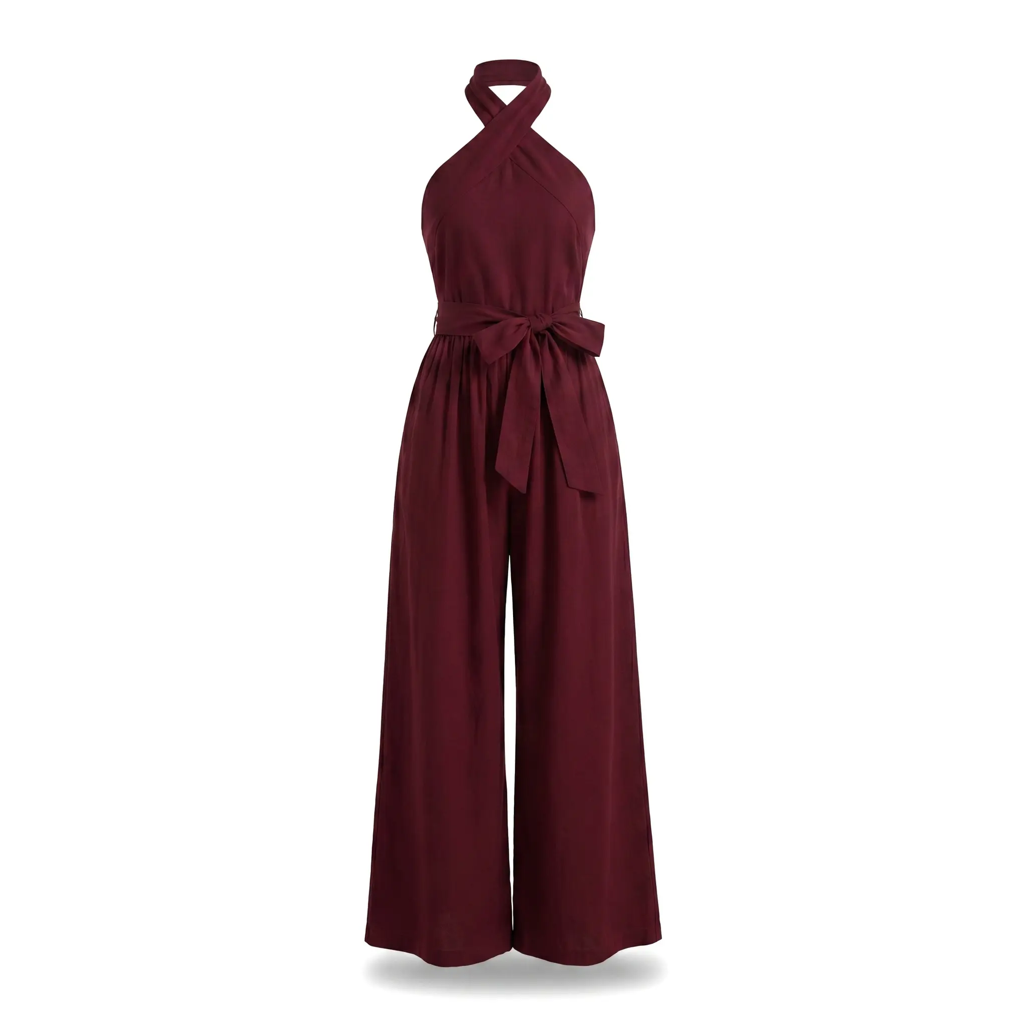 Summer New Women's Sleeveless Halter Tie Pure Color Pocket Long Pants, Cross Strap Wide Leg Jumpsuit, Fashionable Ladies' Clothing