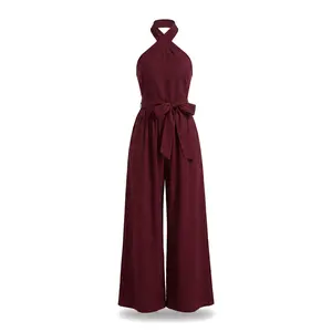 Summer New Women's Sleeveless Halter Tie Pure Color Pocket Long Pants, Cross Strap Wide Leg Jumpsuit, Fashionable Ladies' Clothing