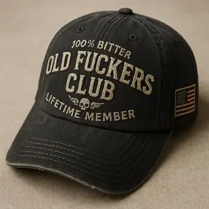 Old Fuckers Club Vintage Baseball Cap Hand-Embroidered Adjustable Wash 100% Bitter Lifetime Member Hat for Retro Fashion Statement Piece Handcrafted