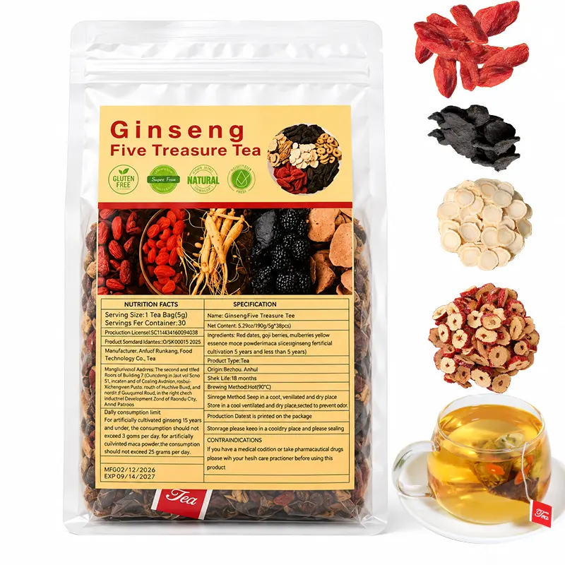 Herbiary 5-Treasure Ginseng Kidney Herbal Tea Blend - Organic Natural Ingredients, Detox Cleanse Beverage, Value Pack of Tea Bags, Traditional Support for Men & Women