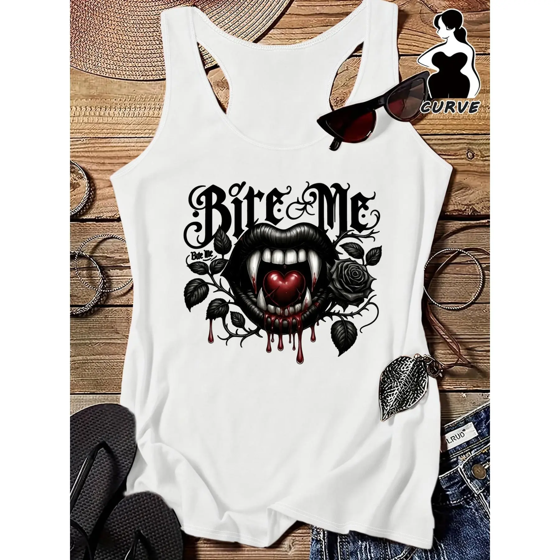 Plus Size, Women' "Bite Me" Slogan Sleeveless Shirt - Edgy Sassy Print Tank Top, Stretchy Polyester Blend, Round Neck Casual Blouse for - Wear (Machine Washable) - Bite Me Graphic