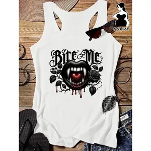 Plus Size, Women' "Bite Me" Slogan Sleeveless Shirt - Edgy Sassy Print Tank Top, Stretchy Polyester Blend, Round Neck Casual Blouse for - Wear (Machine Washable) - Bite Me Graphic