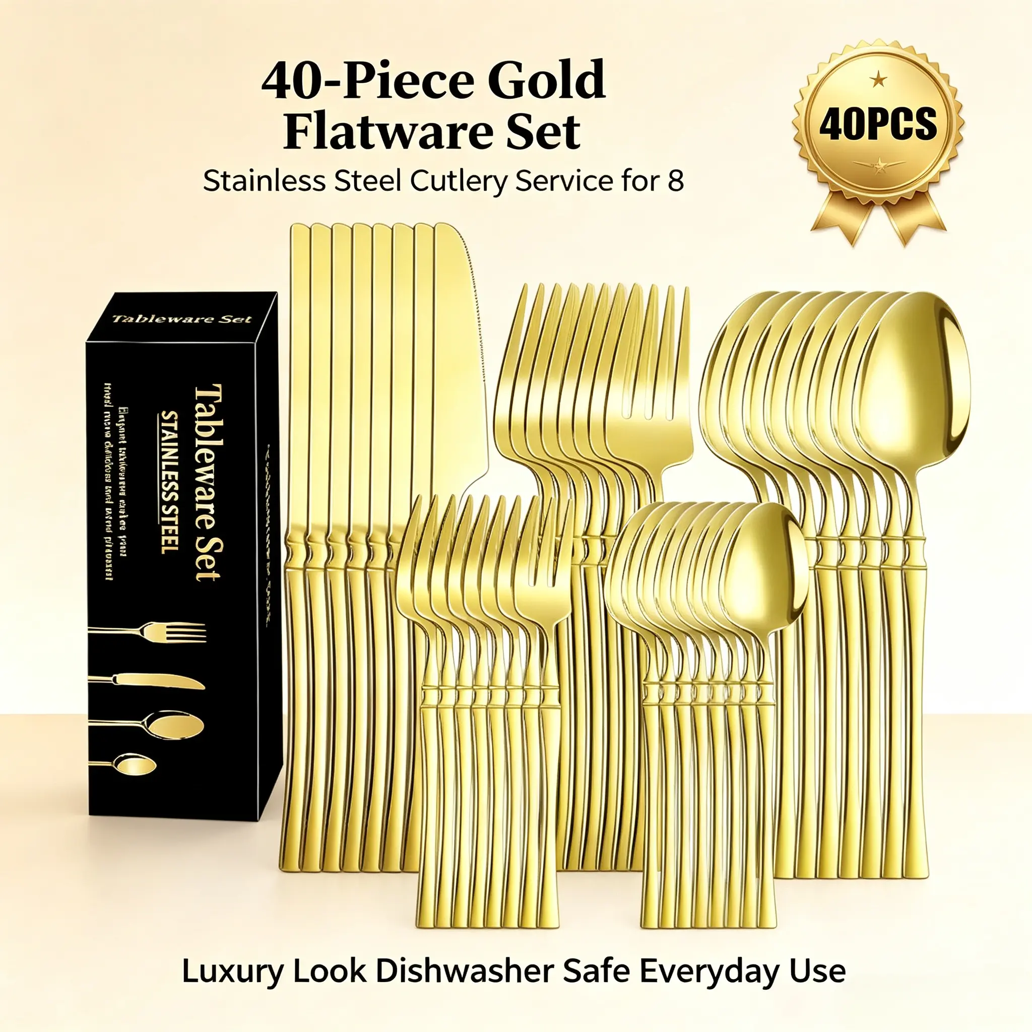 Stylish Vintage 40-Piece Gold Cutlery Set - Food-Grade Stainless Steel Tableware for 8, Heat-Resistant Flatware, Party-Ready for Dining & Gifting