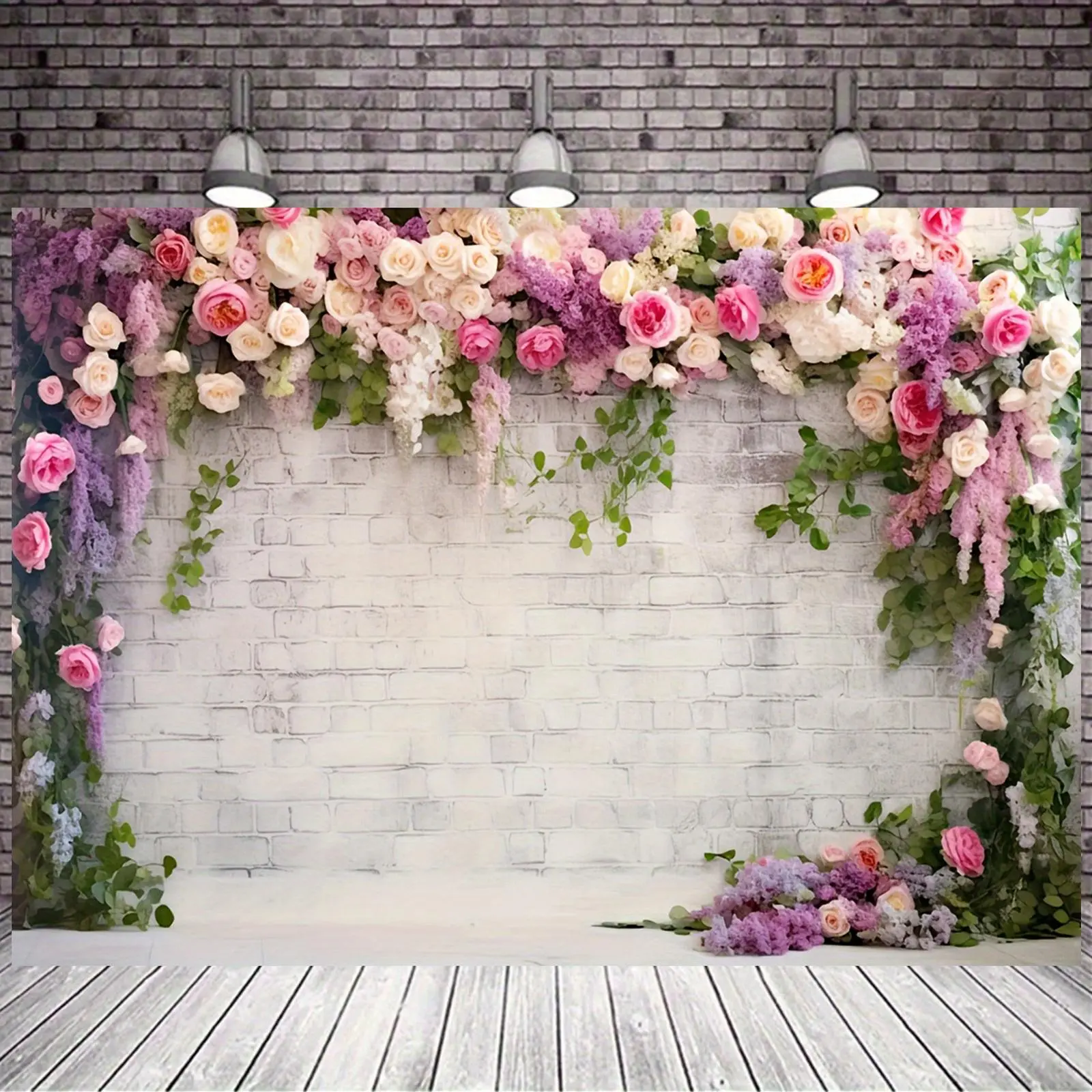 Floral Polyester Backdrop Banner with Flower Pattern, 1-Count Romantic Brick Wall Decor for Wedding, Birthday Parties Photo Booth Props, Single