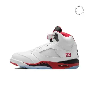 White Leather High-Top Retro Basketball Shoes with Fire Red and Black Accents