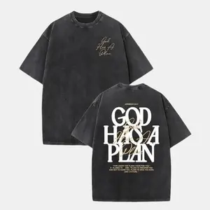 Retro Vintage Creative Pattern "God Has A Plan" Washed T-shirt Double-sided Printed T-shirt Heavy 230g Pure Cotton Falling Shoulder T-shirt Men'S Retro Street T-shirt Basic T-shirt Loose Hip Hop Universal Top Washed Retro T-shirt