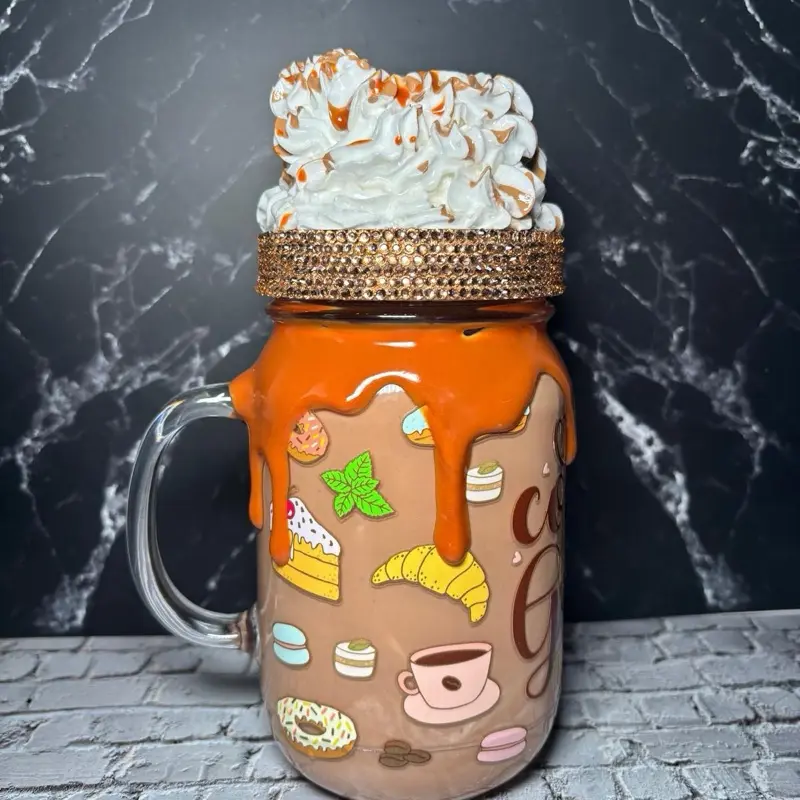 Coffe Tumbler with Unique Design Featuring Sweet Desserts and Whipped Cream Topper