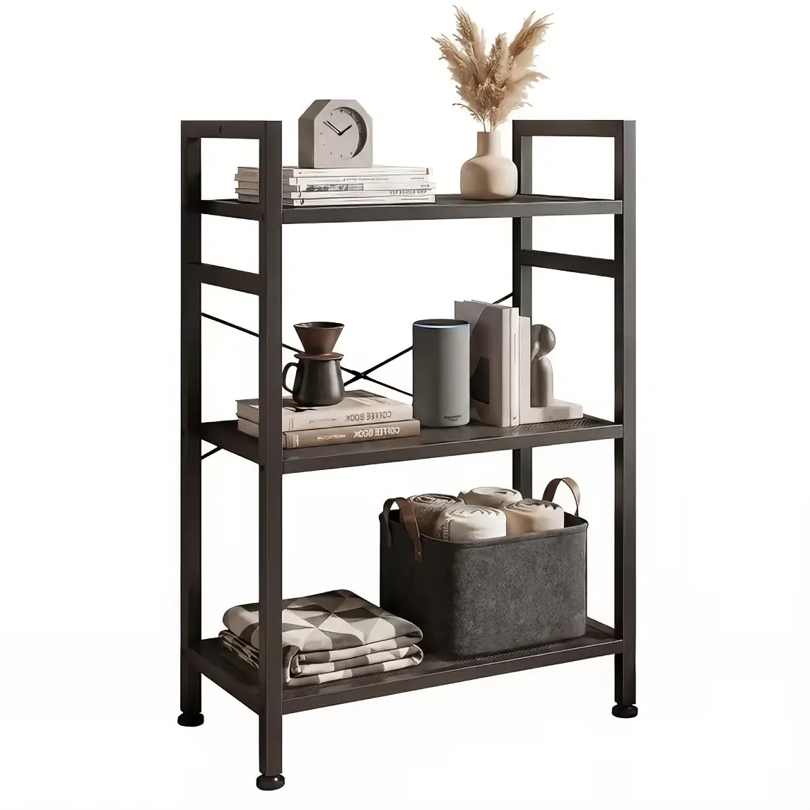 Bookshelf, 3-Tier Small Industrial Storage Shelf & Shelves, Metal Bookcase for Home Office, Living Room, Bedroom, Black