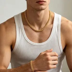YM 18K Gold Plated & Silver Twist Rope Cuban Link Chain Necklace Set, Thin Stainless Steel Waterproof Hip Hop Jewelry for Men & Women